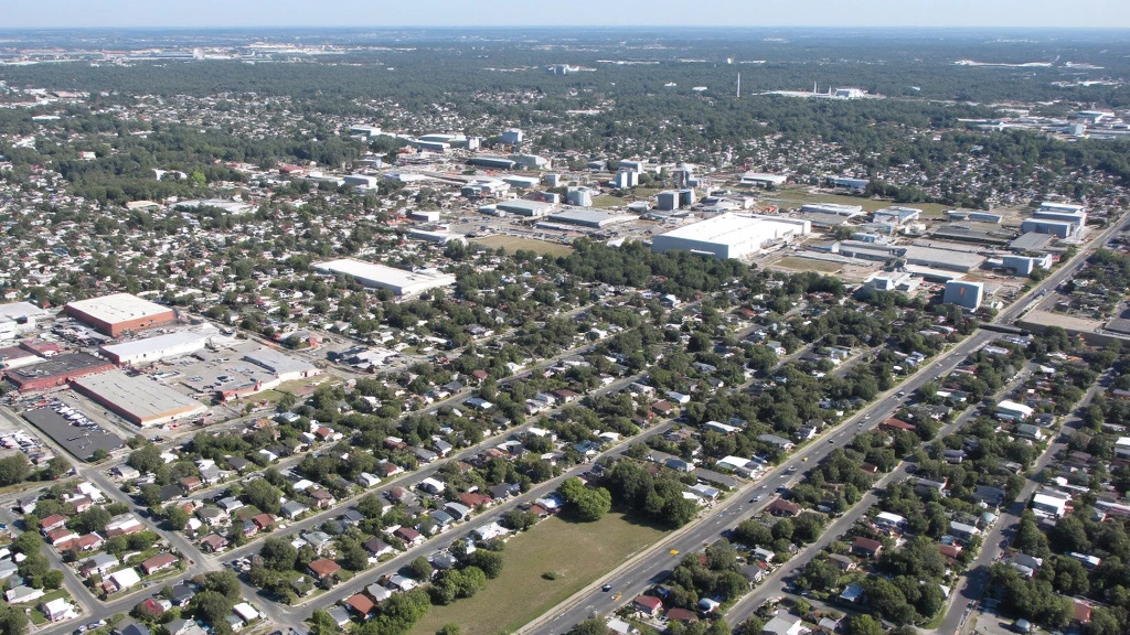 Diverse Texas Neighborhoods Aerial View Aerial view of diverse Texas neighborhoods showcasing residential, commercial, and industrial zones, with clear district boundaries.