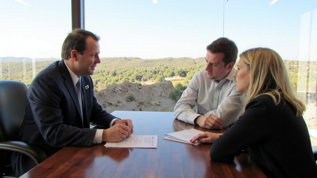 Banker Explaining Loan Documents to Couple A banker explaining loan documents to a couple in an office with a Texas landscape visible through the window.