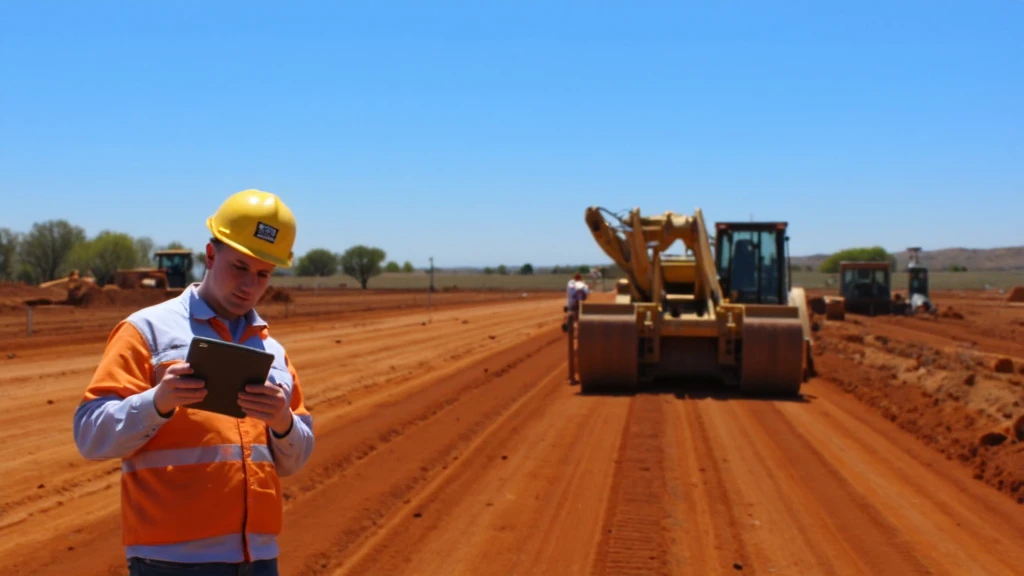 Construction Manager Reviewing Budget on Texas Site Construction manager reviewing budget on tablet with cost-saving equipment in background on Texas construction site