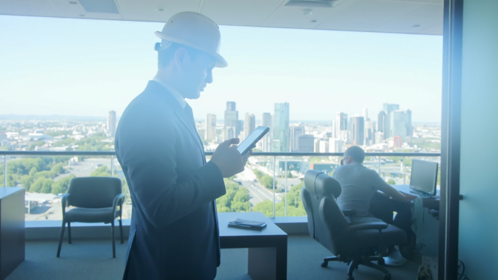 Construction Manager with Texas Skyline Construction manager using tablet with project management software, Texas skyline visible through office window