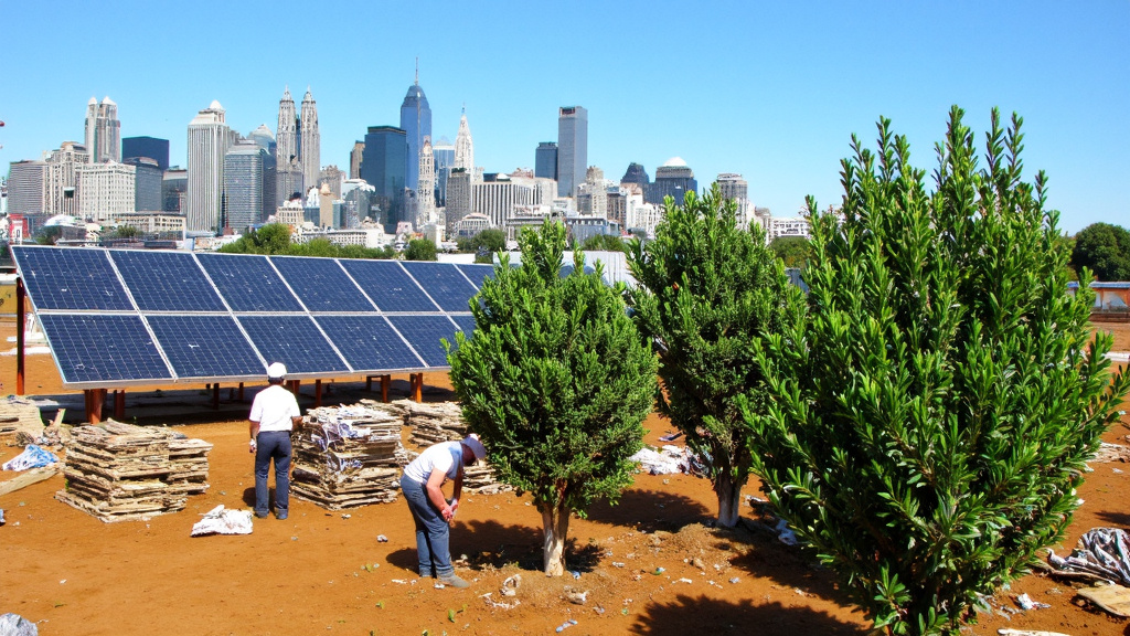 Sustainable Construction Site with Solar Panels and Urban Skyline Construction site featuring solar panels, recycled materials, and workers planting trees with an urban skyline in the background.