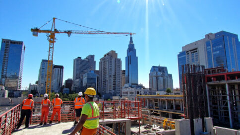 Construction site in Texas with workers in safety gear and modern skyscrapers in the background under bright sunlight.