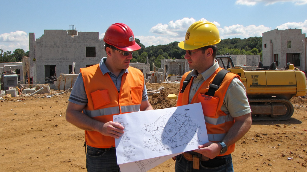 Blueprint Review at Construction Site Architect and construction manager reviewing blueprints on a construction site with hardhats and safety vests