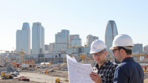 Architect reviewing blueprints with hard hat-wearing team at a construction site in Texas with modern skyscrapers in the background and cranes visible.