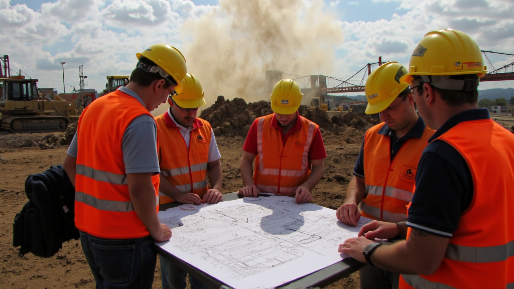 Construction Site with Workers and Machinery Construction site with workers in hard hats reviewing blueprints, heavy machinery in background.