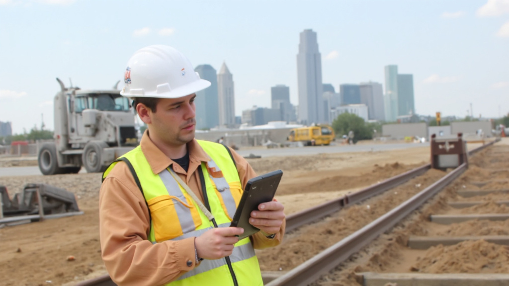 Construction worker using digital tablet to check off items on quality control checklist with Texas skyline in background