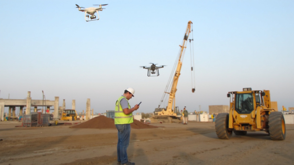 Construction Worker Using Tablet for Risk Management Construction worker using a tablet to access risk management software on-site with drones and sensors in background.