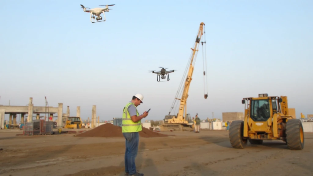 Construction worker using a tablet to access risk management software on-site with drones and sensors in background.