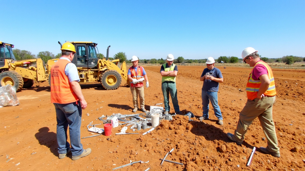 Construction Workers Surveying Land in Texas Construction workers surveying a cleared land site in Texas, with equipment and soil testing tools visible