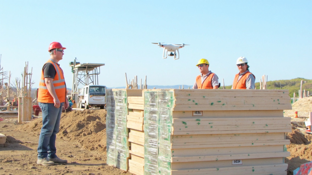 Futuristic Construction Site in Texas Futuristic construction site in Texas with workers using augmented reality glasses and a drone surveying overhead.