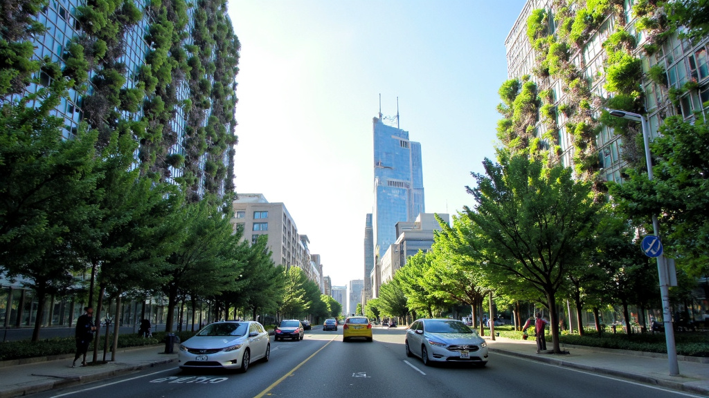 Futuristic Eco-City Design Futuristic eco-city featuring vertical gardens, solar-powered skyscrapers, and electric vehicles on clean streets.