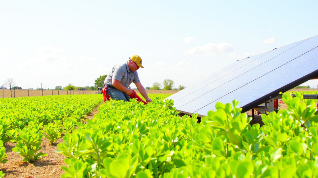 Landscaper at Solar Panel Installation in Texas Landscaper trimming vegetation around solar panel installation in a Texas field.