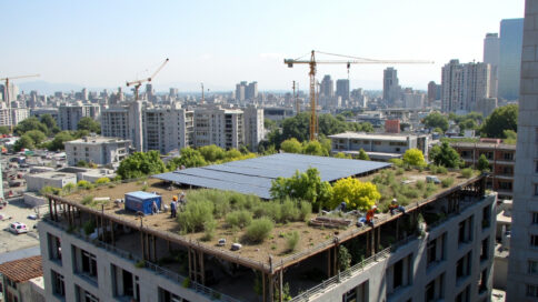 Modern construction site featuring eco-friendly materials, solar panels, and a green roof.