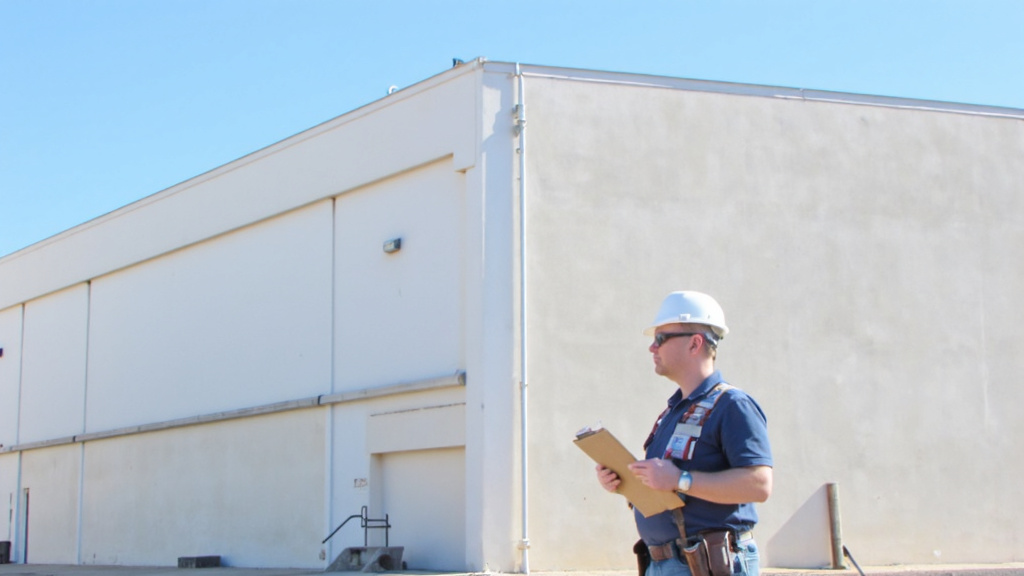 Property Manager Site Inspection Property manager conducting site inspection, clipboard in hand, in front of a large industrial complex