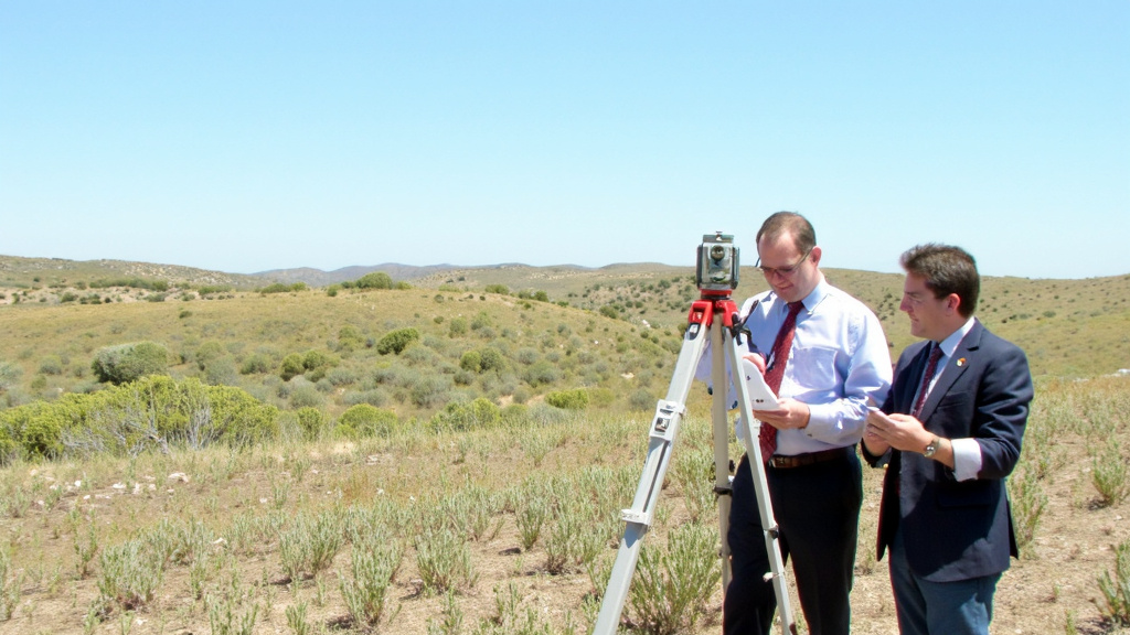 Land Surveying for Potential Buyers A surveyor examining land with equipment, while potential buyers review documents on-site.