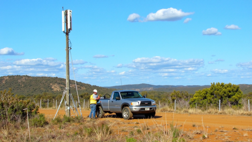 Technician Inspecting Cell Tower in Texas Technician inspecting a cell tower in a rural Texas landscape with a pickup truck nearby.