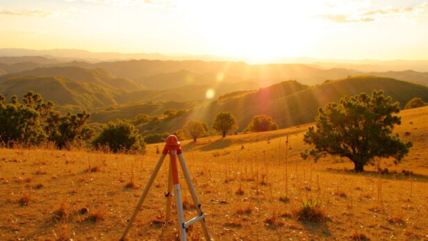 A vast Texas landscape with rolling hills, scattered oak trees, and golden sunlight, featuring a 'for sale' sign and surveyor stakes.