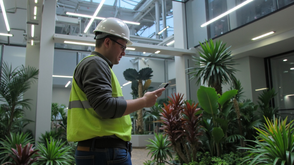 Managing Energy-Efficient Systems in Eco-Friendly Building Worker using a tablet to manage energy-efficient systems in a modern eco-friendly building interior.