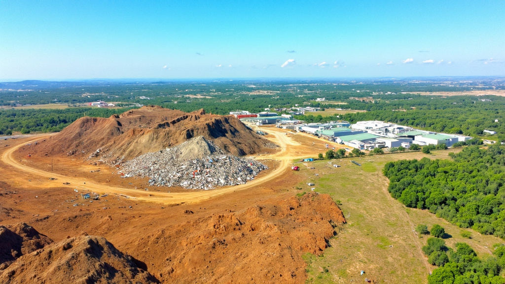 Aerial View of Landfill and Recycling Center in Texas Aerial view of a large landfill in Texas contrasted with a green recycling center, emphasizing environmental impact