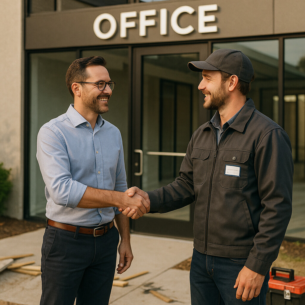 Business Owner and Contractor Partnership Business owner shaking hands with chosen contractor in front of newly completed office space