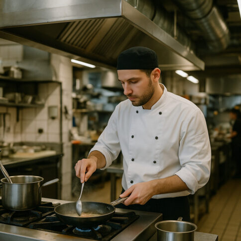 A bustling commercial kitchen with a chef working at a stovetop and stainless steel equipment.