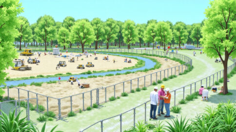 Construction site with environmental protection measures including silt fences near a stream and dust control sprayers active, with workers reviewing plans amidst lush greenery.