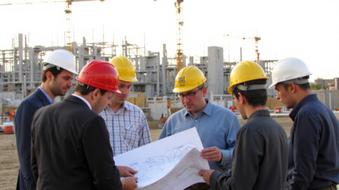 Diverse team of professionals at a construction site with hard hats and blueprints