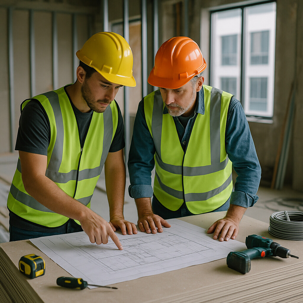 Construction Workers Reviewing Blueprints Construction workers reviewing blueprints in a partially finished office space with tools and materials visible.