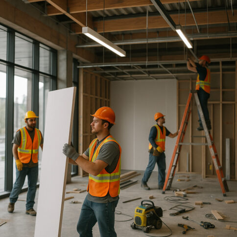 Construction workers transforming empty office space with walls and lighting installation.