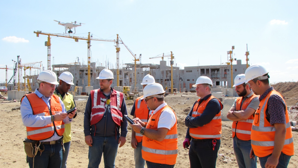 Diverse Construction Workers with Technology Diverse group of construction workers using advanced technology like tablets and drones on a busy building site