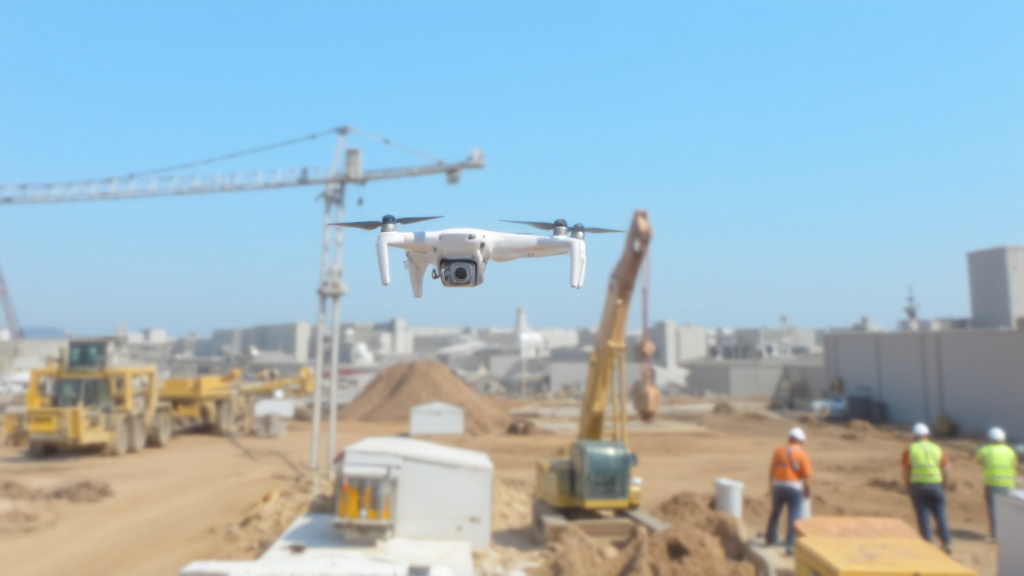 Aerial Imagery of Construction Site by Drone Drone hovering over a construction site, capturing aerial imagery of workers and equipment in a sunlit scene.