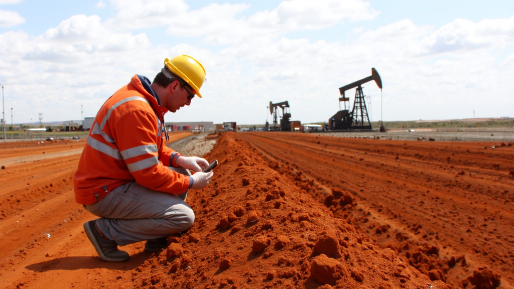 Environmental Scientist at Texas Site Environmental scientist examining soil samples on a Texas construction site with oil rigs in the background