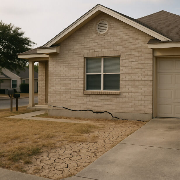 A house in San Antonio with visible foundation cracks and dry, cracked clay soil.