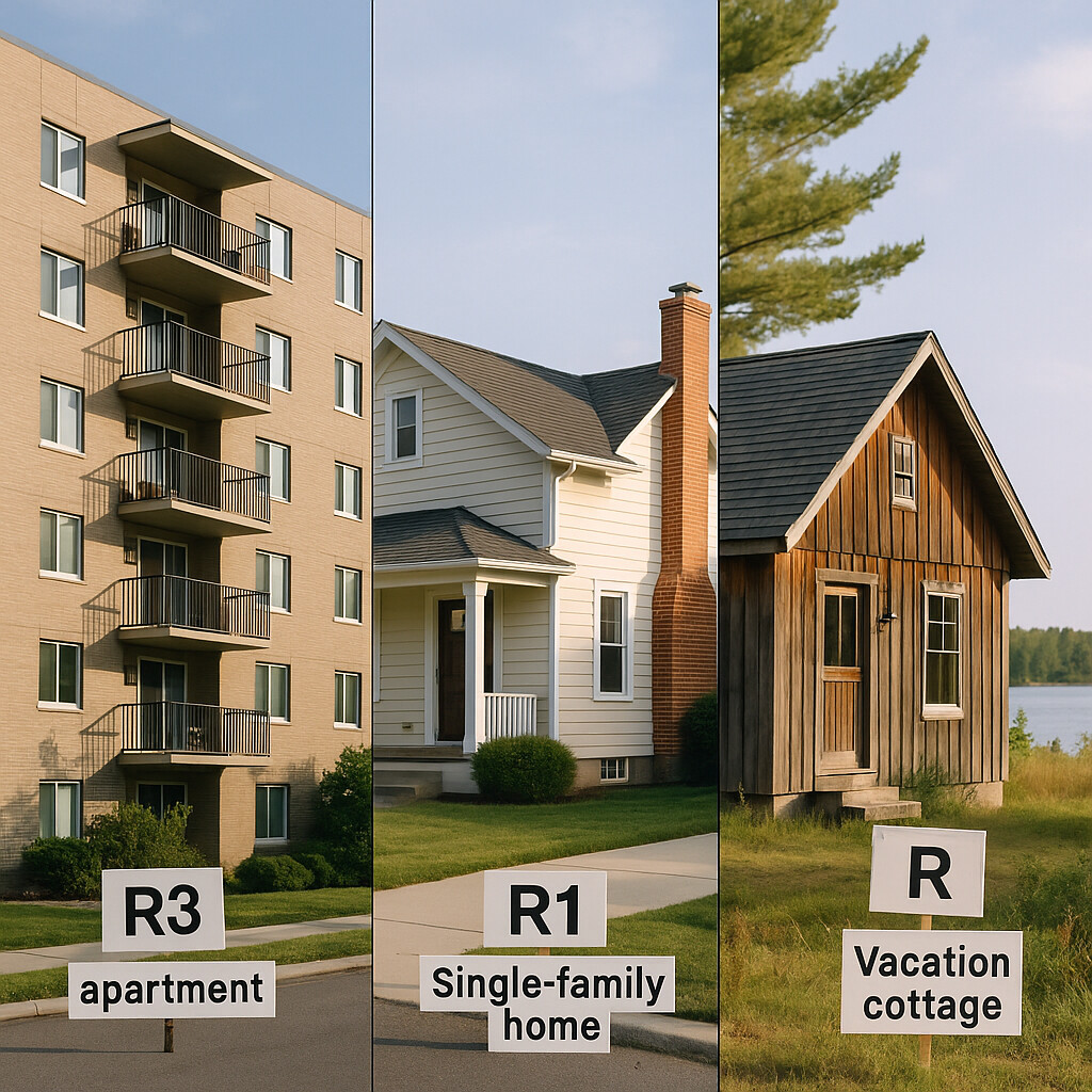 Diverse Housing Types with Zoning Codes Split-screen image of various housing types: apartment, single-family home, and vacation cottage, with zoning code labels