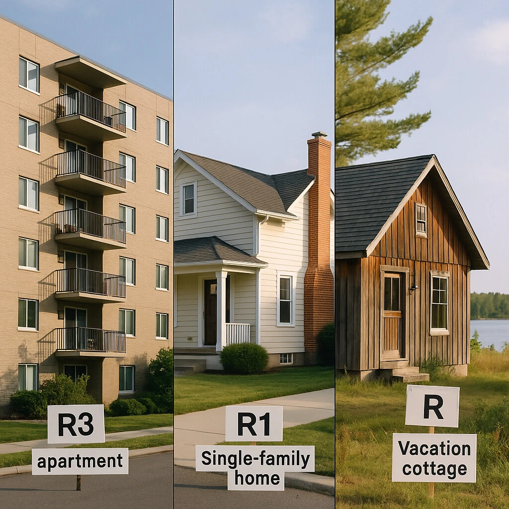 Diverse Housing Types with Zoning Codes Split-screen image of various housing types: apartment, single-family home, and vacation cottage, with zoning code labels