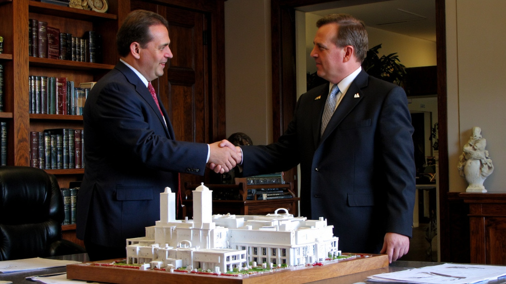 Investor and Banker Handshake with Texas Model Investor shaking hands with a banker with a Texas-style building model on the desk