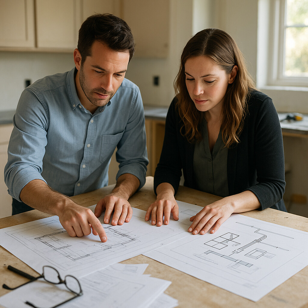 Reviewing Kitchen Layout Blueprints Architect and kitchen designer reviewing blueprints of kitchen layout with ventilation system schematics.