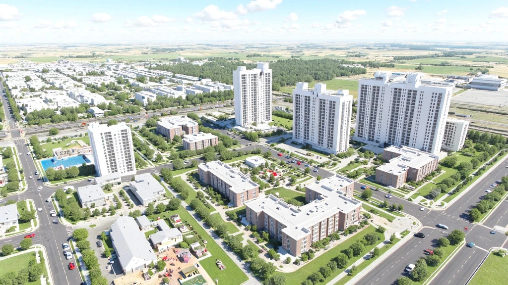 Aerial View of Texas Mixed-Use Development Aerial view of a large-scale mixed-use development in Texas, showcasing residential towers, office buildings, and retail spaces interconnected by landscaped walkways.