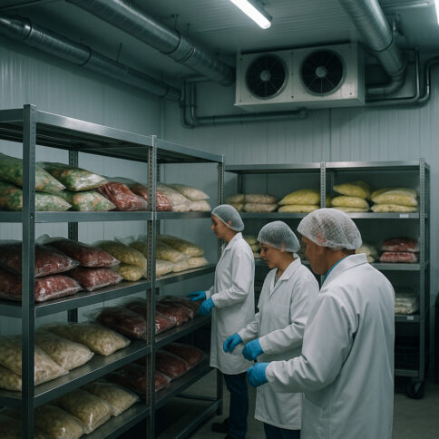 Interior of a modern cold storage facility with stainless steel shelving, insulated walls, and visible refrigeration components, featuring workers in protective gear.