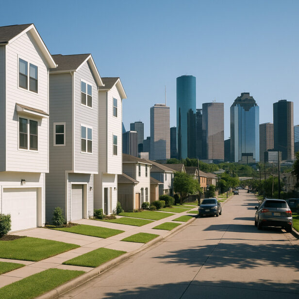 Modern Houston skyline featuring new construction homes in the foreground and high-rise buildings under a clear blue sky.