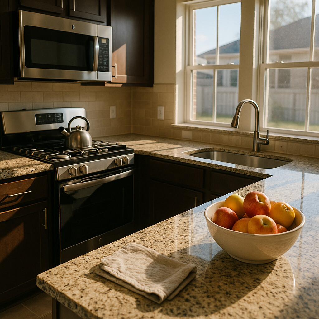Modern Kitchen in Houston Home Modern kitchen with granite countertops and stainless steel appliances in a new Houston home, sunlight streaming through large windows