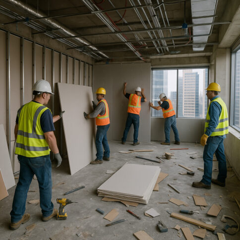 Modern office space under construction with exposed beams and wiring, workers installing drywall and natural light through large windows.
