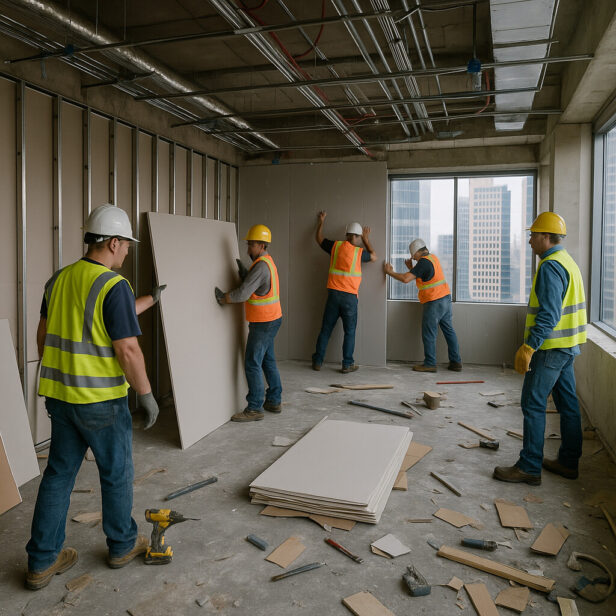Modern office space under construction with exposed beams and wiring, workers installing drywall and natural light through large windows.