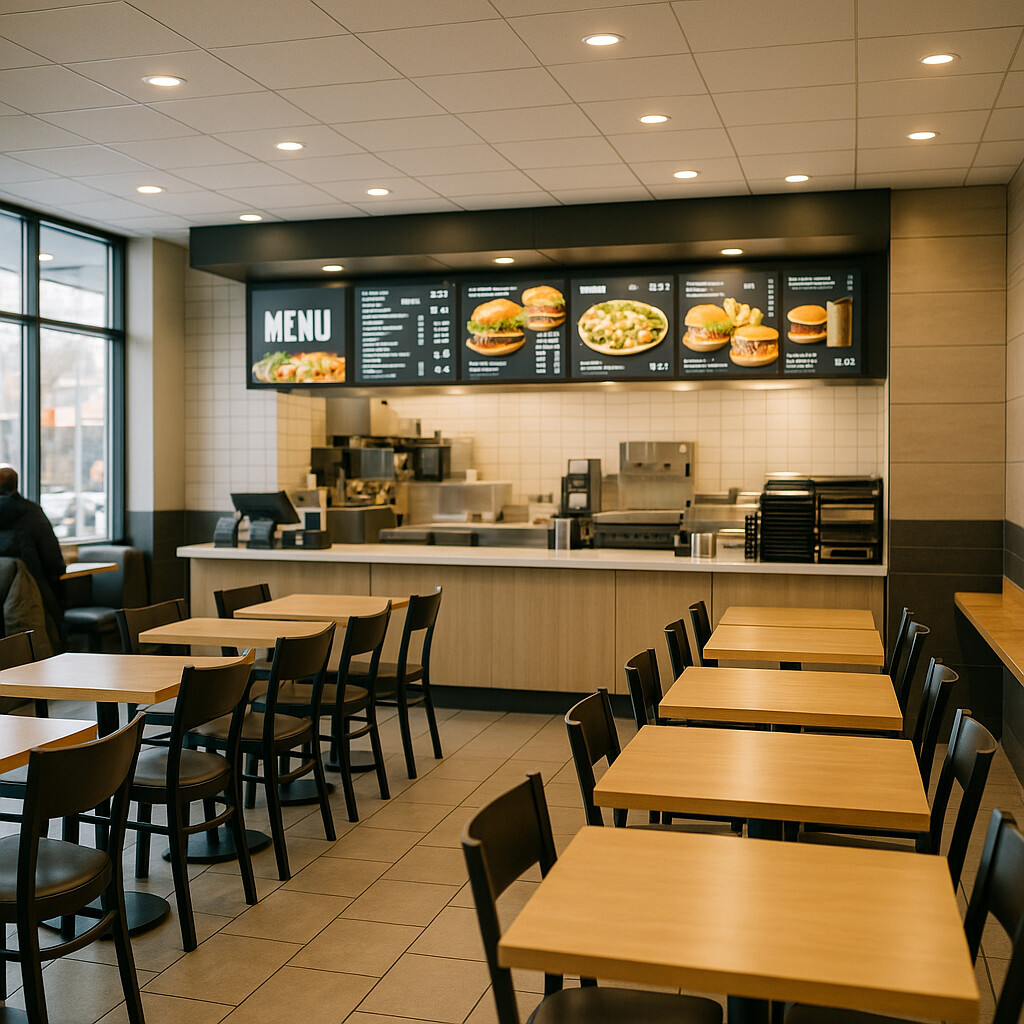 Interior of a Modern Quick-Service Restaurant Interior of a modern quick-service restaurant with efficient layout and signage.