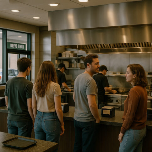 Modern quick-service restaurant interior with an open kitchen and drive-thru window.