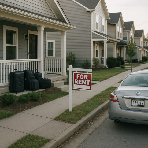 A modern residential street with a mix of homes, including one with a 'For Rent' sign and suitcases on the porch.