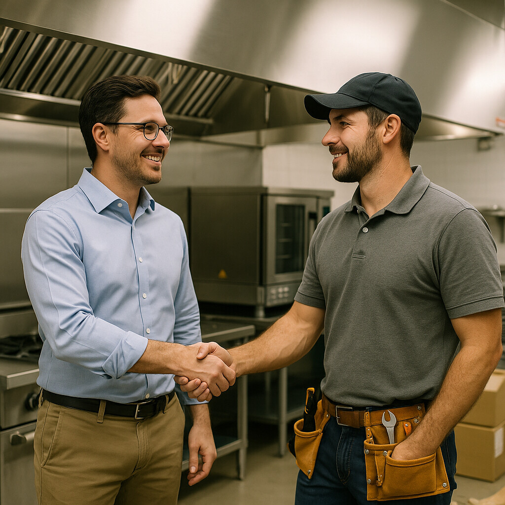 Handshake in front of new kitchen ventilation system Restaurant owner and equipment supplier shaking hands in front of a stainless steel kitchen ventilation system