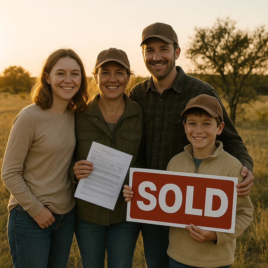 A satisfied family standing on their newly purchased Texas land holding a 'Sold' sign and financial documents, with a sunset in the background.