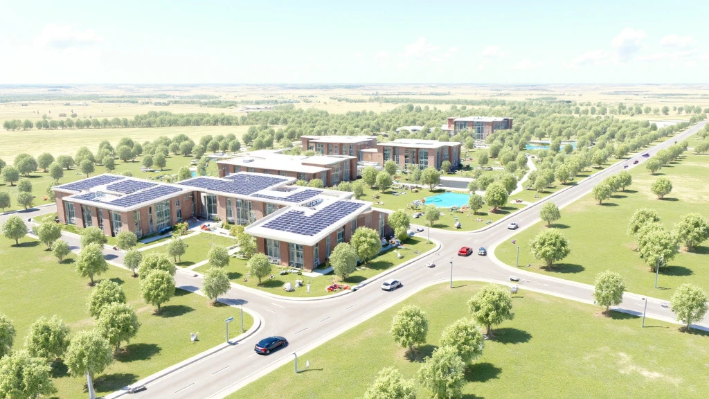 Futuristic Sustainable Mixed-Use Complex in Texas Futuristic render of a sustainable mixed-use complex featuring green spaces and solar panels.