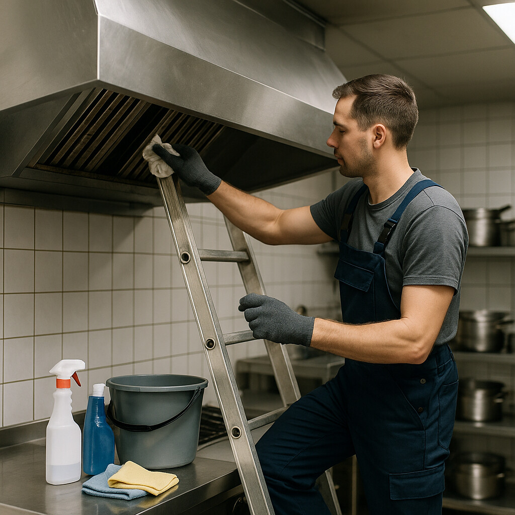 Technician Cleaning Kitchen Exhaust Hood Technician on a ladder cleaning and inspecting a large commercial kitchen exhaust hood with cleaning supplies visible